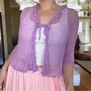 Back From Bali Lilac Ruffle Open Knit Cardigan Swim Cover Up Summer Resortwear